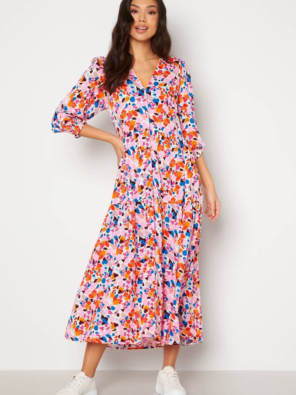YAS Alira Pink Floral Print Midi Dress with V-Neck